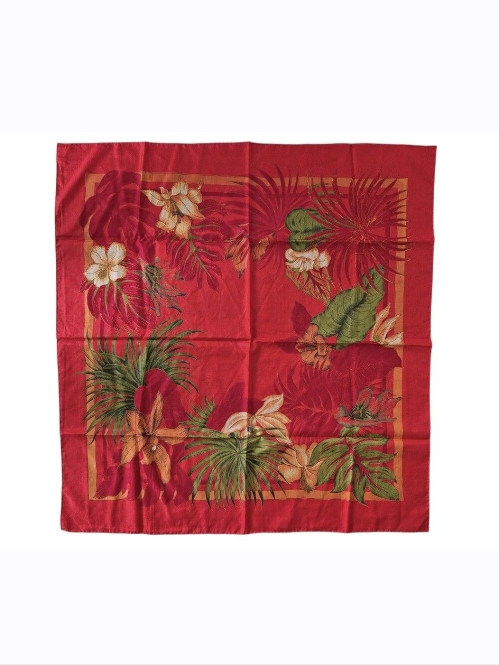Thai Silk Scarf With Red Green Orange Tropical Floral Print